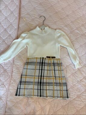 Janie and Jack Cream Knit Dress with Yellow & Black Plaid Skirt